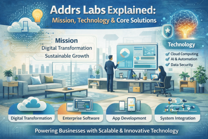 Addrs Labs explained infographic showing mission, cloud computing, AI automation, data security, enterprise software, app development, and system integration solutions.