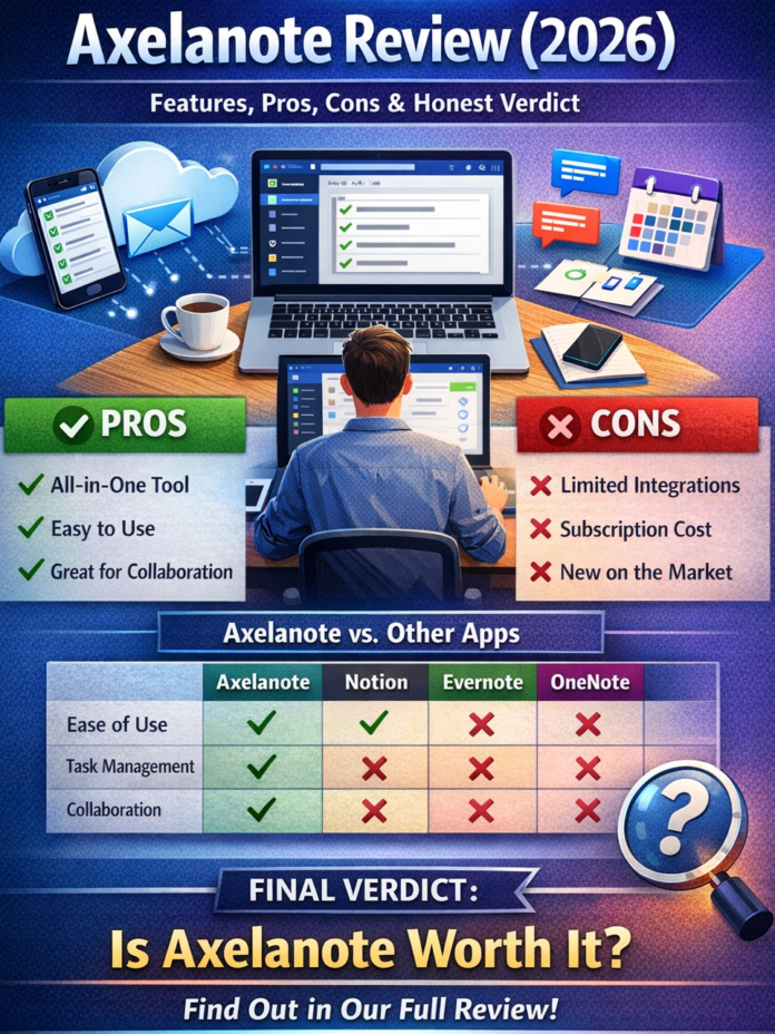 Axelanote Review 2026 dashboard interface showing features, pros and cons comparison