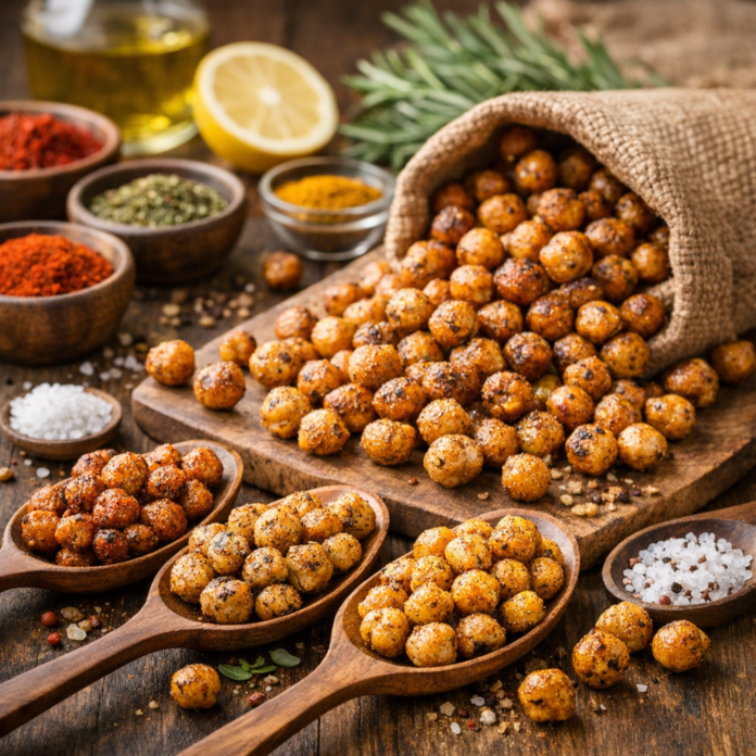 Roasted chickpeas (Çeciir) healthy plant-based snack with spices on wooden table