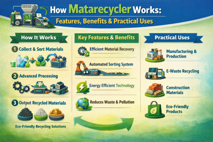 How Matarecycler works infographic showing recycling process steps, automated sorting system, energy-efficient technology, and practical uses in manufacturing and eco-friendly production.