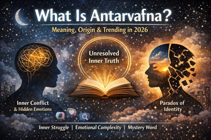 Conceptual illustration explaining Antarvafna meaning with glowing brain, divided human silhouette, open book, and cosmic background symbolizing inner conflict and emotional complexity in 2026.