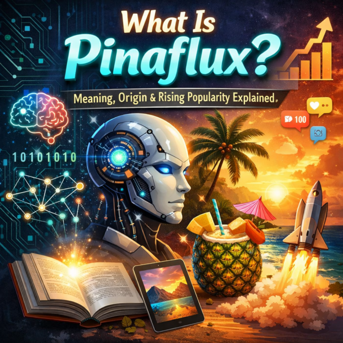 A futuristic robotic head, glowing with blue light, surrounded by digital elements like binary code and network connections. In the background, a tropical beach scene with palm trees, a pineapple drink, and a rocket launching into the sky. The image symbolizes the intersection of technology and tropical growth, with an emphasis on innovation.