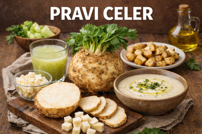 Pravi celer (celeriac root) whole and sliced on wooden board with celeriac soup, juice, and roasted cubes.
