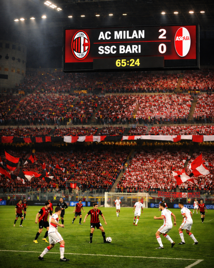 AC Milan vs SSC Bari Serie A match action at San Siro with scoreboard and fans
