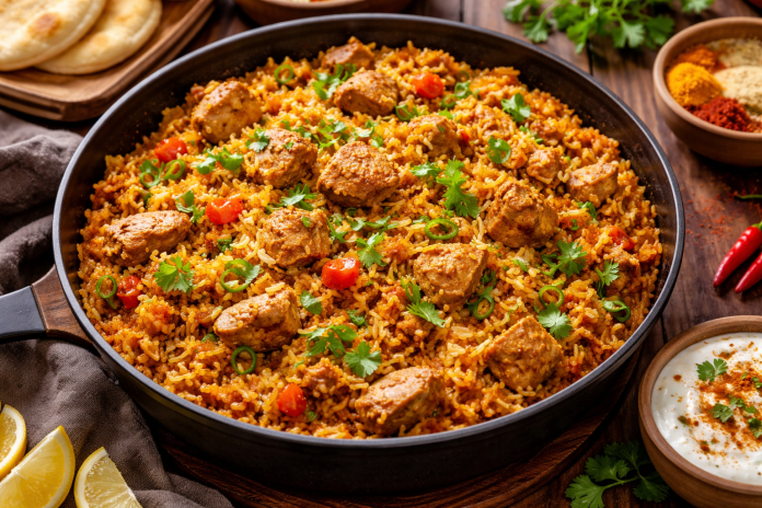 Authentic sérya dish with rice, meat, and spices served in a rustic bowl