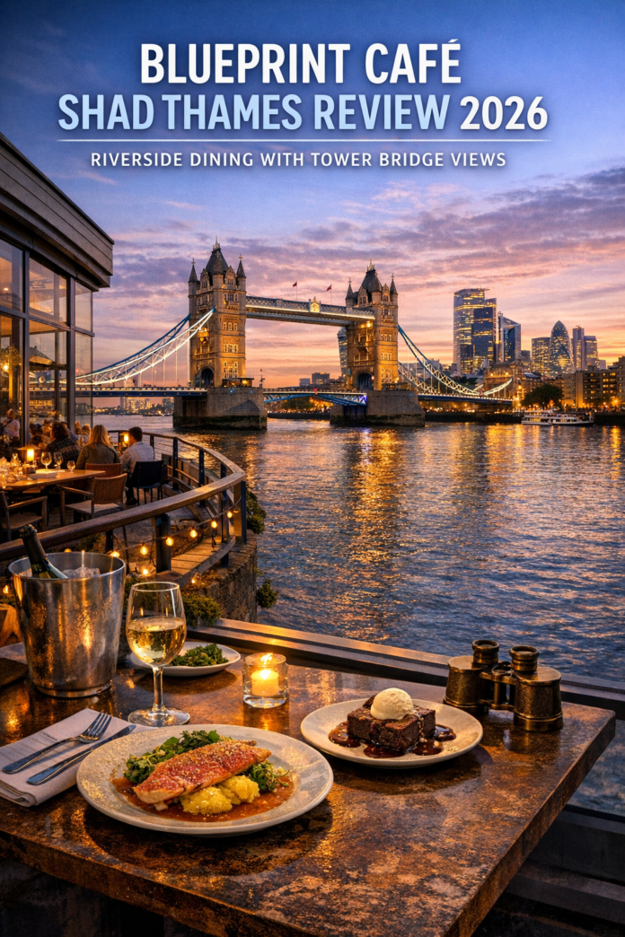 Blueprint Café terrace dining with Tower Bridge view at sunset in Shad Thames London.