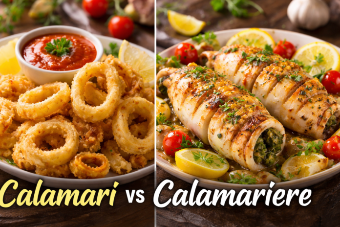 Crispy fried calamari and gourmet calamariere squid dish served with lemon and dipping sauces