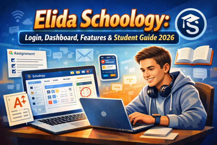 Student accessing Elida Schoology dashboard on laptop for assignments, grades, and online classroom learning.