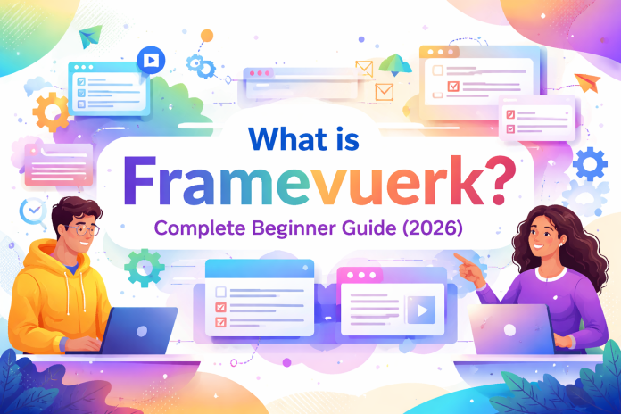 Illustration of Framevuerk concept with people using laptops and modular workflow UI elements for a beginner guide