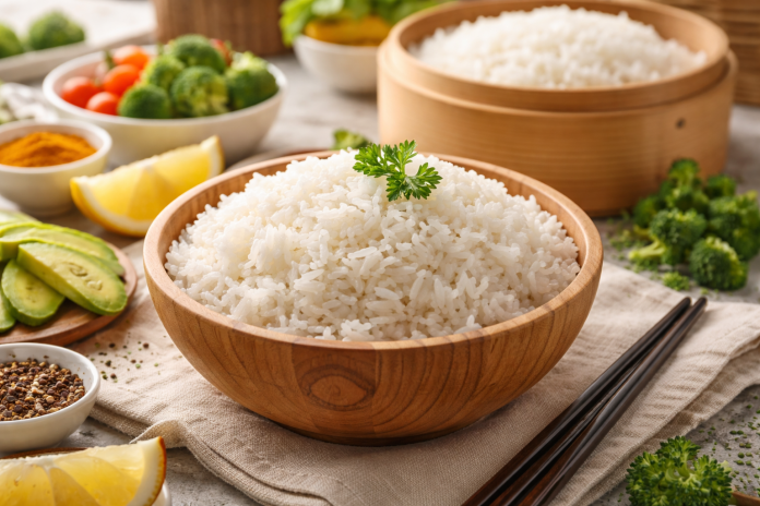 Fluffy dampfreis steamed rice in a bowl with natural lighting – healthy steamed rice cooking concept