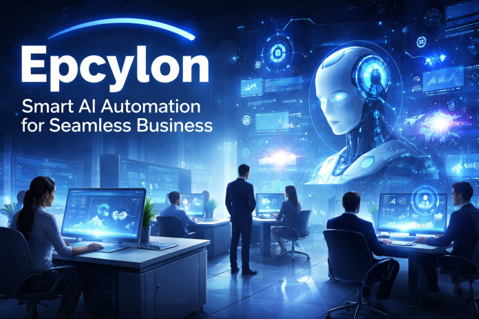 Epcylon AI automation dashboard with futuristic neural network, data analytics charts, and digital workflow interface representing smart business automation technology.