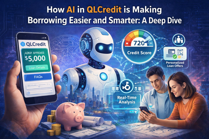 An illustration of AI-powered borrowing through QLCredit with a smartphone showing a loan approval, a robot analyzing data, and two borrowers discussing loan details.