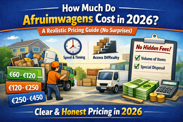 Afruimwagens cost guide 2026 showing junk removal truck, price ranges, and no hidden fees concept