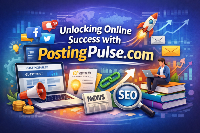 Digital marketing illustration showcasing PostingPulse.com with a laptop, social media icons, SEO tools, and a rocket symbolizing growth and online success.