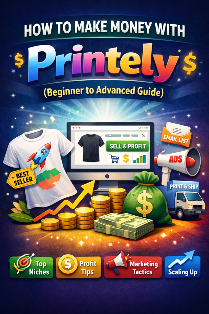 Infographic showing how to make money with Printely using print-on-demand products, marketing strategies, profit tips, and scaling methods.
