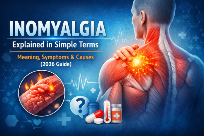 Inomyalgia illustration showing inflamed shoulder and neck muscles with highlighted muscle pain and inflammation concept