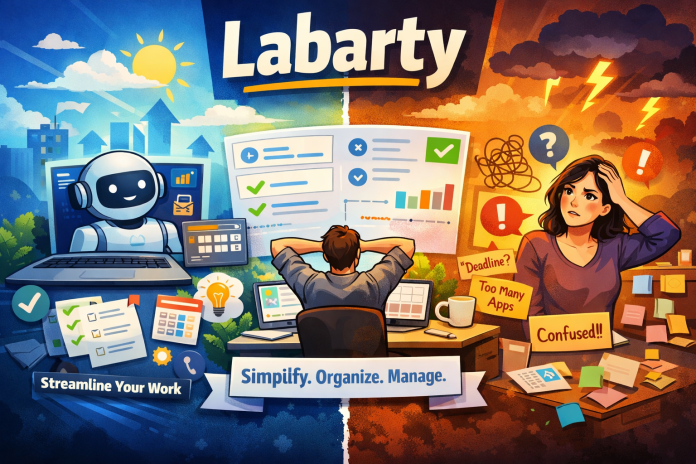 Labarty AI workflow platform illustration showing organized productivity vs chaotic work environment