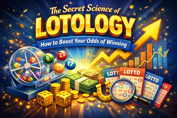 A digital illustration of lotology, featuring colorful lottery balls, dice, money, and lotto tickets, with a rising arrow and magnifying glass to symbolize growth and analysis, accompanied by the bold title 