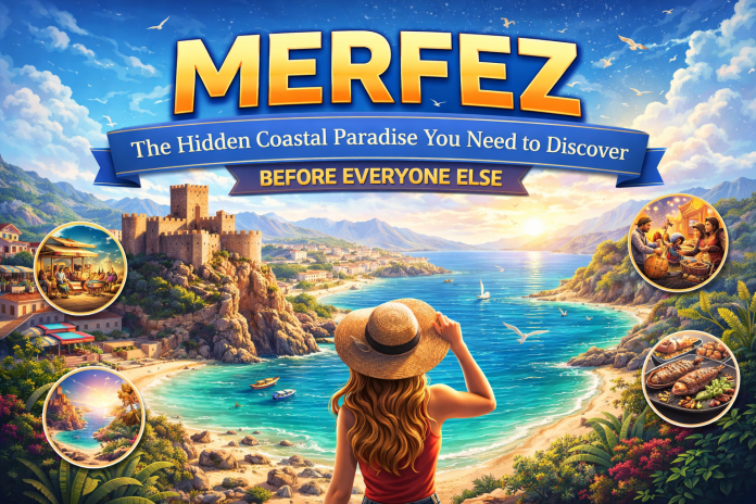 Merfez coastal paradise with beach, ancient fortress, turquoise sea, and scenic travel landscape