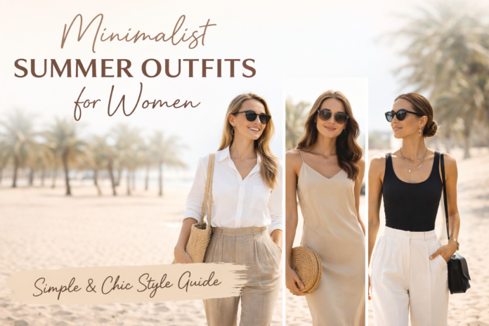 Minimalist summer outfits for women featuring neutral fashion styles on a beach