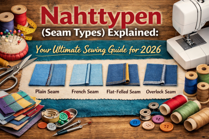 Nahttypen seam types sewing guide showing plain seam, French seam, flat felled seam and overlock seam with sewing tools