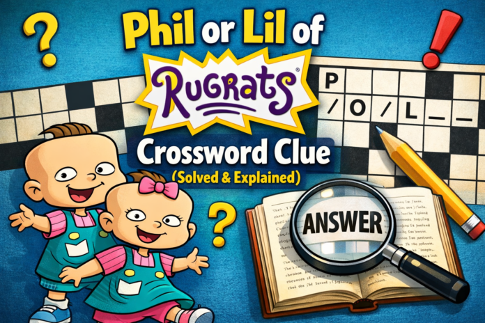Phil and Lil from Rugrats with crossword puzzle grid and magnifying glass highlighting answer for crossword clue