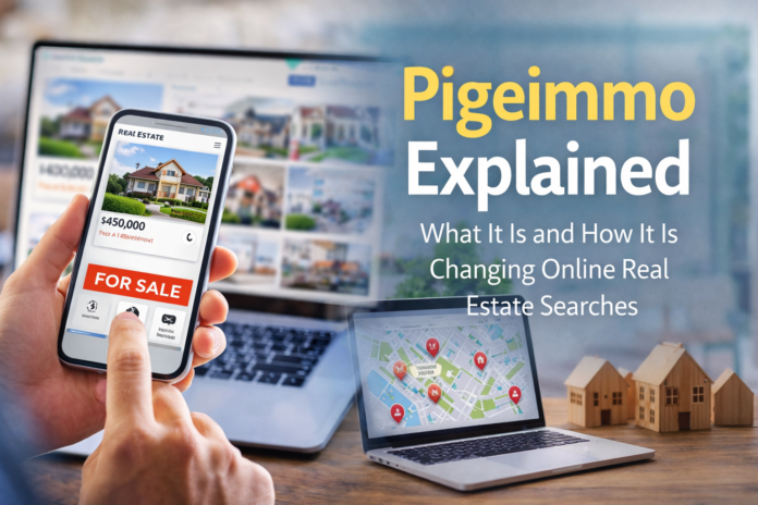 Person viewing a Pigeimmo real estate listing on a smartphone with a laptop showing property map and miniature houses on a desk