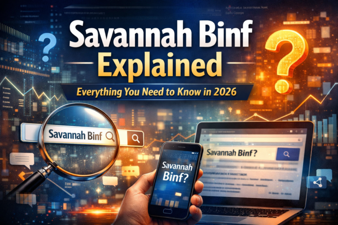 “Savannah Binf Explained: Everything You Need to Know in 2026” showing glowing text, digital icons, and a mysterious internet theme.