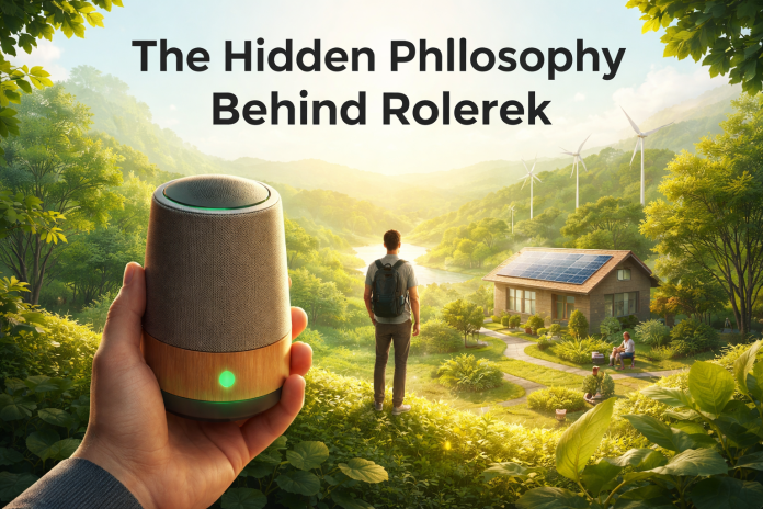 Rolerek sustainable technology concept showing eco-friendly smart device, green energy home, and nature integration
