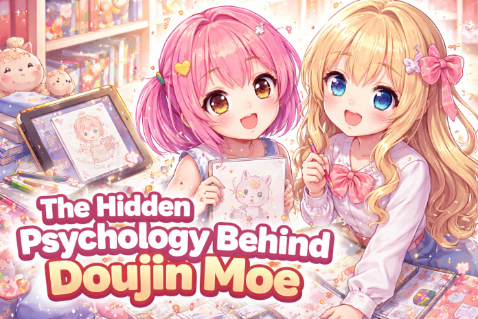 Cute anime girls creating doujin moe artwork in a colorful studio with manga sketches and art supplies