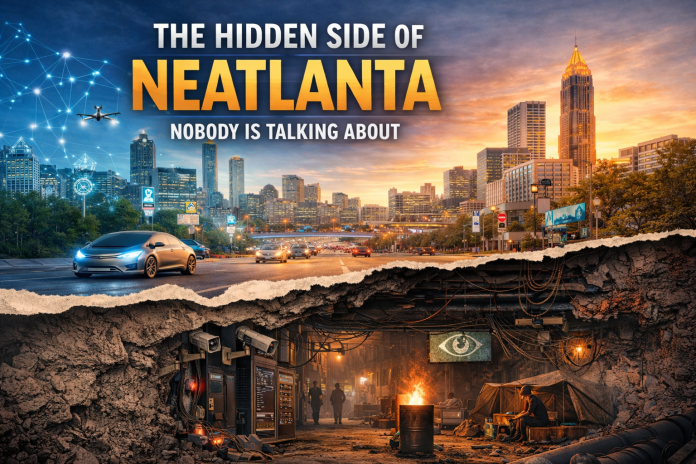 Futuristic smart city skyline with hidden underground secret technology bunker concept illustration landscape