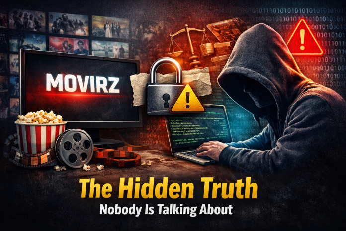 Person streaming movies online on a laptop with digital icons and glowing interface representing Movirz platform and hidden risks