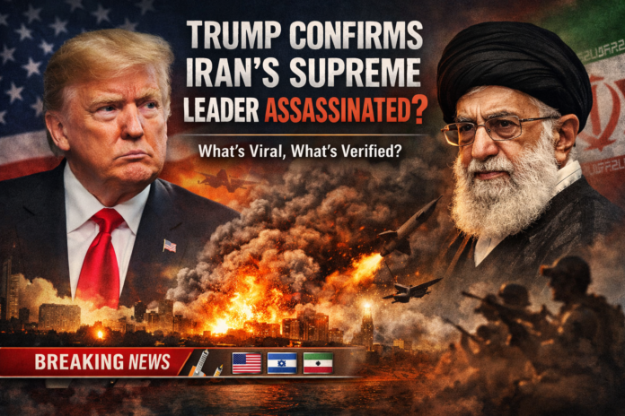Donald Trump and Iran’s Supreme Leader Ali Khamenei shown in a dramatic breaking news graphic about assassination claims and Middle East tensions.