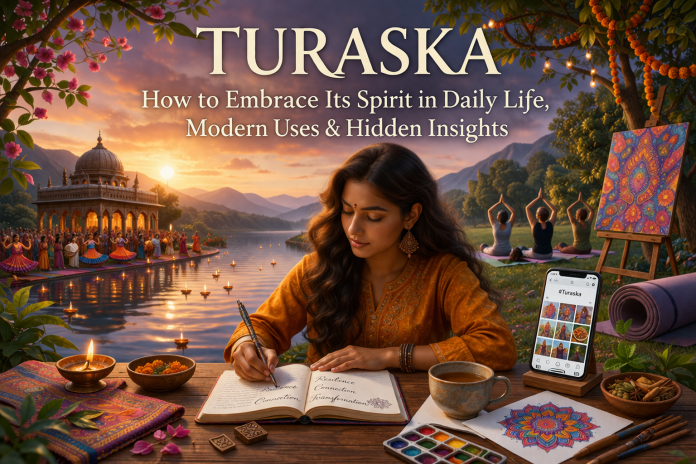 Woman journaling by a lakeside with South Asian cultural motifs, art supplies, tea, and wellness items, while a temple festival and yoga practitioners appear in the background, representing Turaska in modern life.