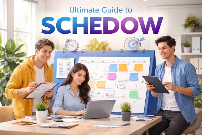 Schedow workflow planning concept showing professionals organizing tasks on calendar board in modern office