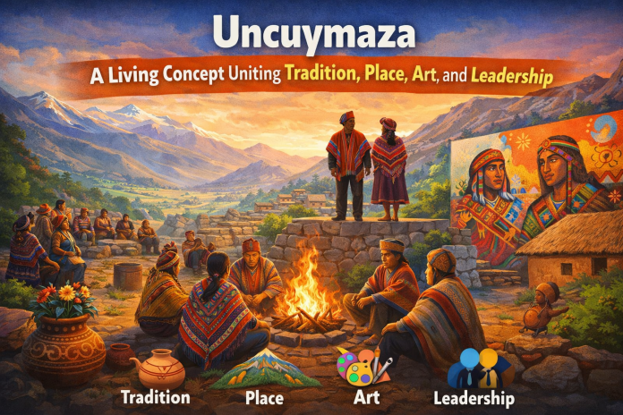 Uncuymaza concept illustration showing Andean community, art, culture, and leadership in a natural setting