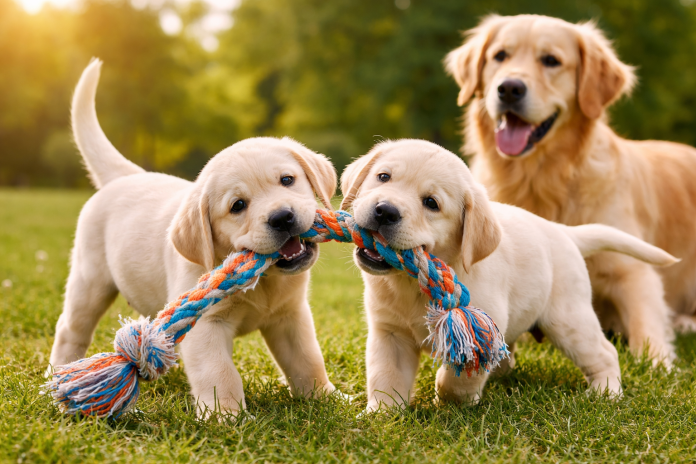 Two Labrador puppies playing tug-of-war with a rope toy while a Golden Retriever watches in a sunny park