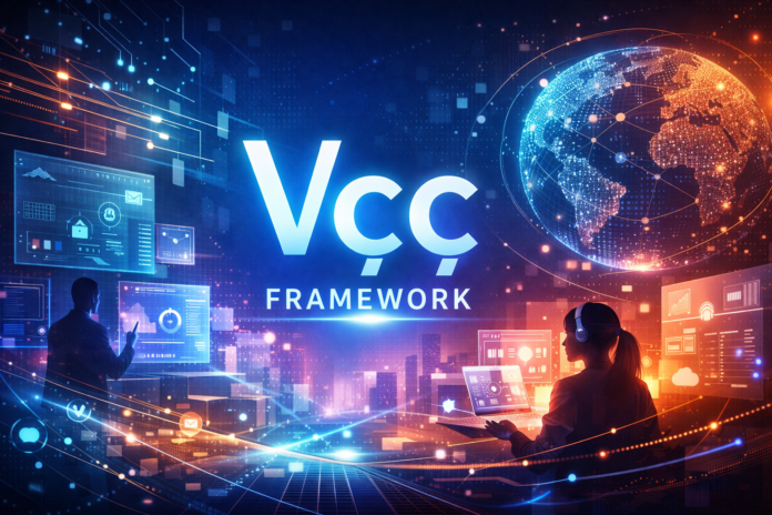 Vçç digital framework concept with AI data connections and futuristic online interaction design