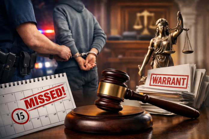 Courtroom scene with gavel, missed court date calendar, legal documents with warrant stamp, and police officer handcuffing a person.