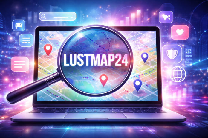Lustmap24 digital map concept displayed on laptop screen with magnifying glass and location pins