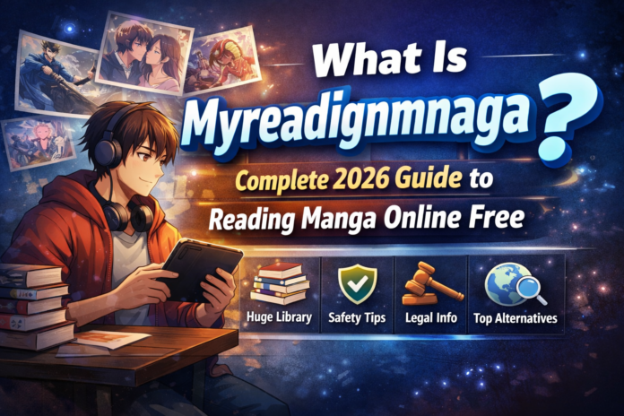 Young man reading manga on tablet with Myreadignmnaga 2026 guide headline and icons for library, safety, legal info, and alternatives.