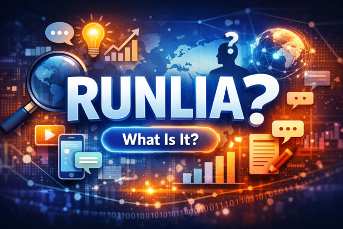 Runlia meaning and trend explained concept image with digital search icons and global technology background.
