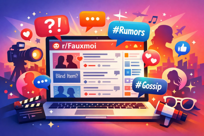 Illustration of a laptop showing the r/Fauxmoi Reddit forum with celebrity gossip discussions, social media icons, and paparazzi elements.