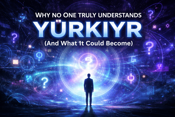 Futuristic illustration of a person facing a glowing digital portal with the word Yürkiyr, symbolizing mystery and emerging internet trends