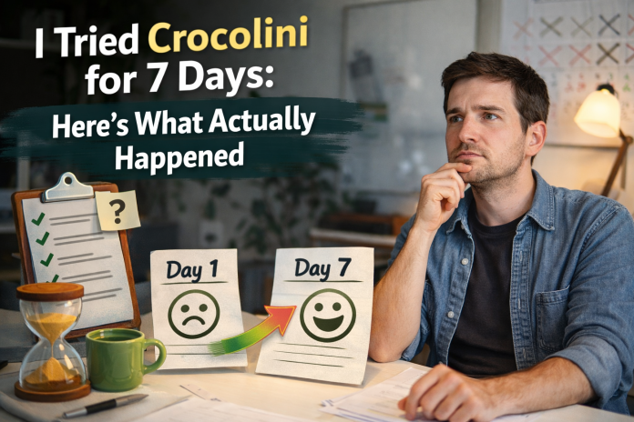 Man reviewing Crocolini results after 7 days with checklist and progress notes on desk